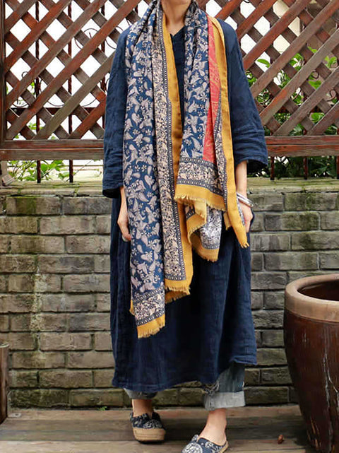 Women Vintage Floral Colorblock Raw-edge Shawl Scarf