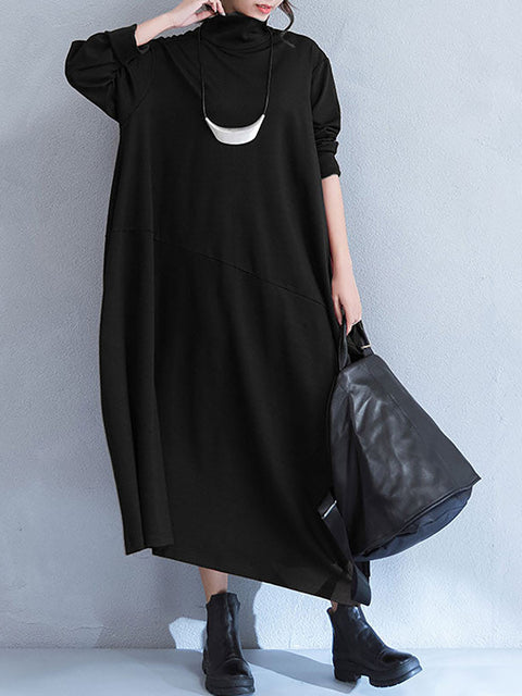 Plus Size Women Autumn Artsy Solid Turtleneck Loose Dress