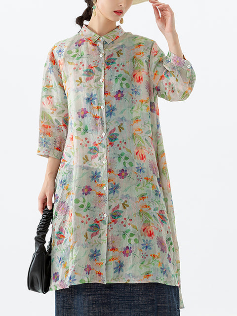 Camisa Plus Size Floral Leaf Breasted Split Mid-Length