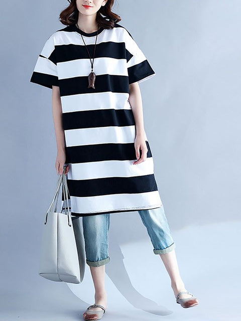 Plus Size Women Casual Striped O-Neck Short Sleeve Loose Dress