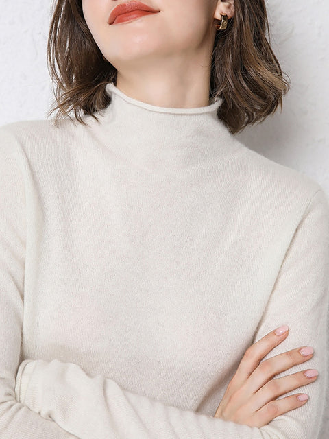 Women Autumn Solid Half High Collar 100%Wool Sweater