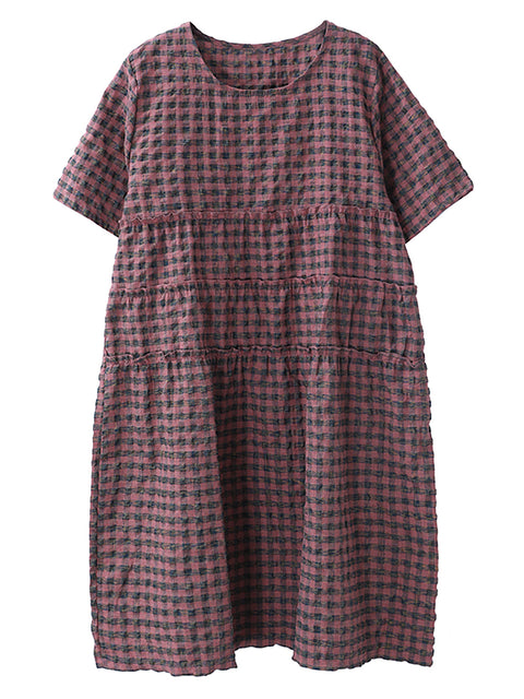 Vestido midi plus size de verão xadrez gola redonda algodão linho