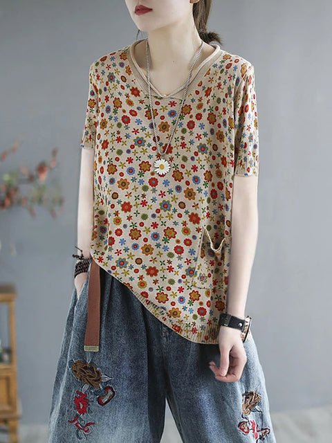 Plus Size Women Summer Casual Flower Knitted Shirt