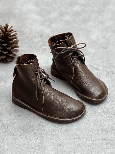 Botas femininas de inverno vintage couro Genuíno com cordão