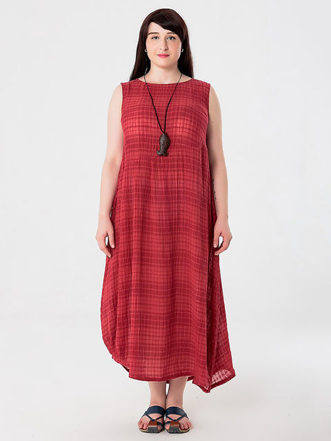 Vestido feminino plus size de verão xadrez de algodão e linho