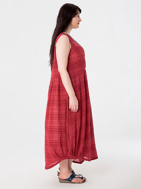 Vestido feminino plus size de verão xadrez de algodão e linho