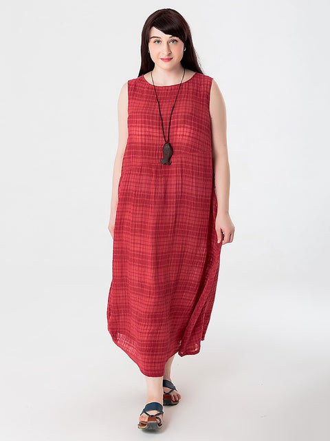 Vestido feminino plus size de verão xadrez de algodão e linho