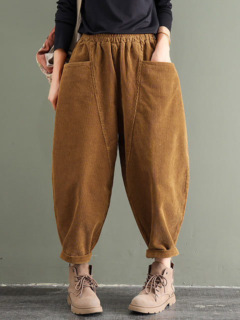 Plus Size - Elastic Waist Corduroy Cotton Handmade Pants