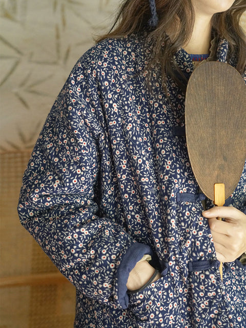 Casaco feminino de inverno com bolsos emendados e estampados de sapo floral nacional