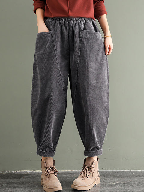 Plus Size - Elastic Waist Corduroy Cotton Handmade Pants