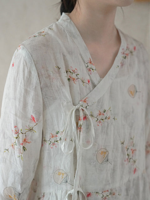 Women Chinese Style Flower Drawstring Loose Shirt