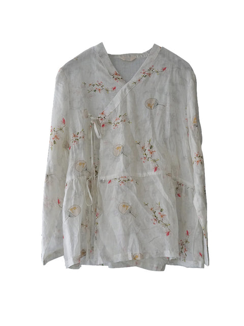 Mulheres estilo chinês flor com cordão solto Camisa