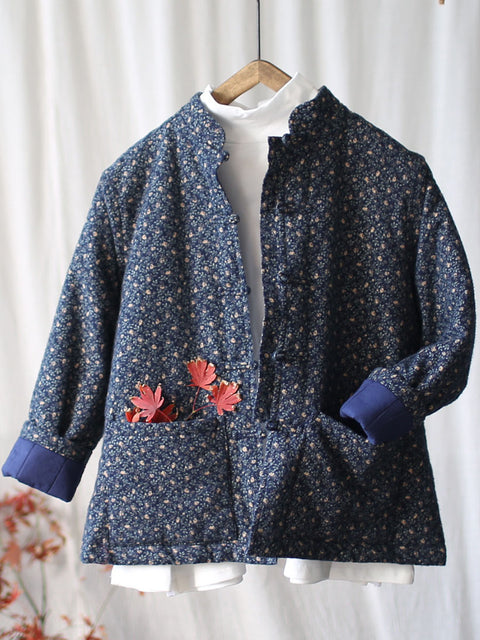 Women Vintage Floral Chinese Button Pocket Loose Coat