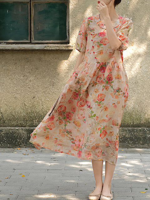 Plus Size Women Vintage Summer Floral Button Loose Ramie Dress