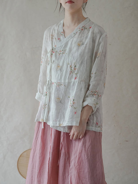 Mulheres estilo chinês flor com cordão solto Camisa