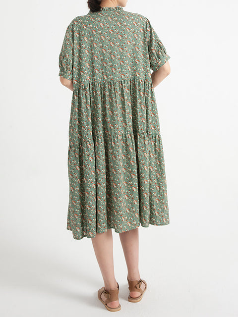 Plus Size Vintage Floral Mulheres Verão Vestido de Manga Curta