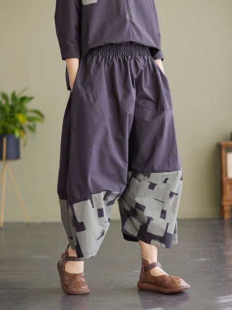 Women Elastic Waist Cotton Loose Wide Leg Pants