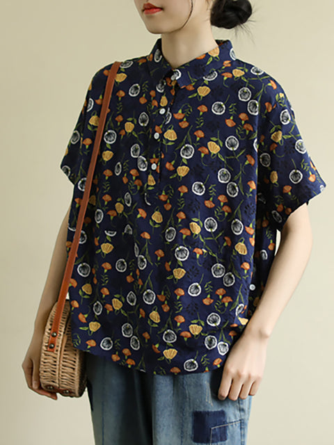 Plus Size – Camisa floral de algodão fino com estampa de flor de verão