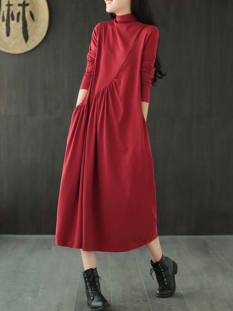 Plus Size - Vestido Drapeado Decote Alto Cor Sólida