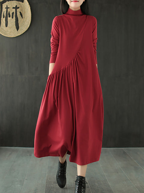 Plus Size - Vestido Drapeado Decote Alto Cor Sólida