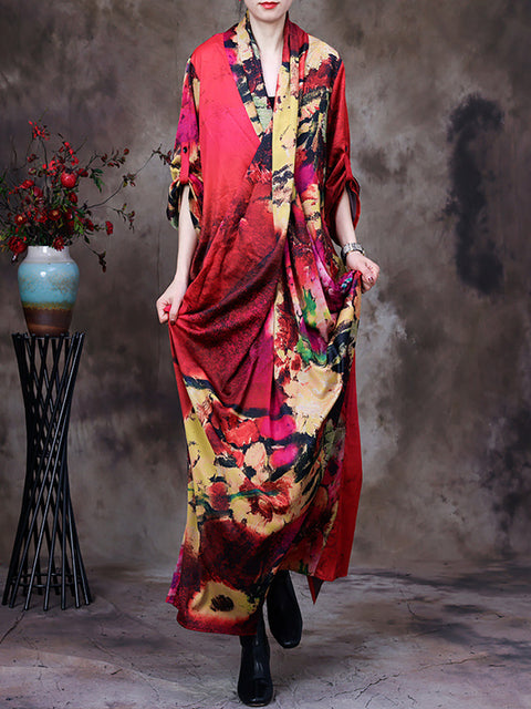 Plus Size -Drape Floral Vintage Women Retro Maxi Dress