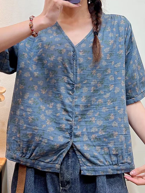 Plus Size Mulheres Verão Floral Casual Botão Solto Camisa