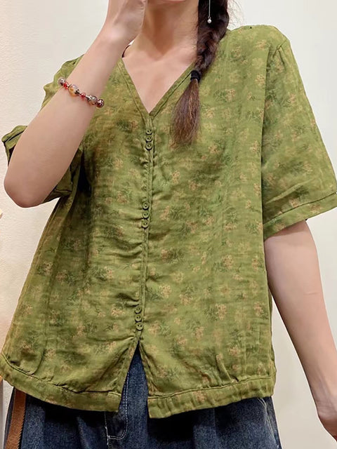 Plus Size Mulheres Verão Floral Casual Botão Solto Camisa