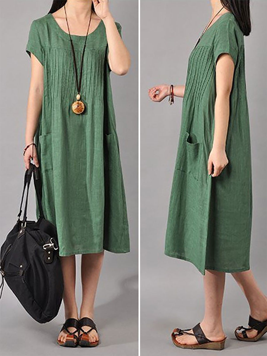 Vestido feminino plus size de algodão e linho solto em verde