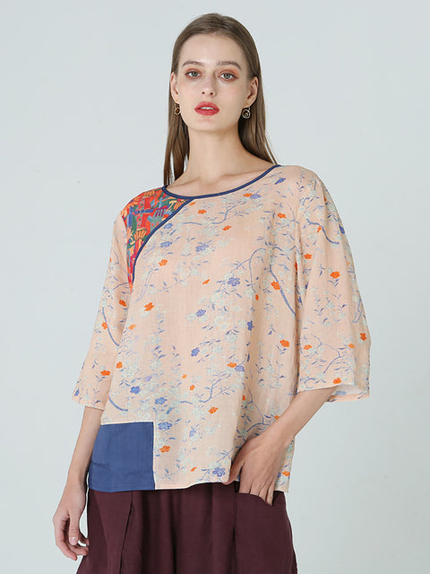 Plus size flor estampa ombro caído primavera patchwork camiseta feminina M-2XL