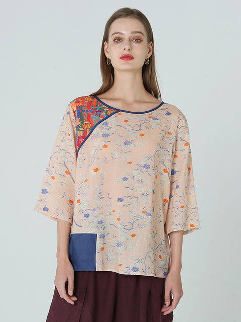 Plus size flor estampa ombro caído primavera patchwork camiseta feminina M-2XL