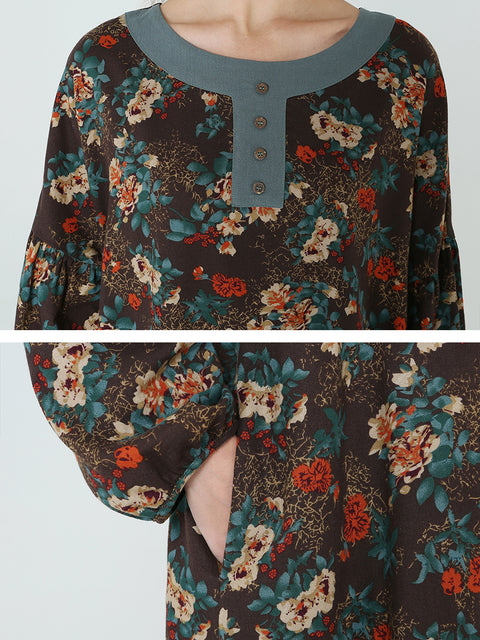 Plus Size Floral Long Sleeve Spring Autumn Loose Long Dress