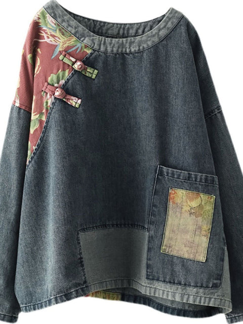 Plus Size Mulheres Retro Costura Patchwork Estampa Floral Denim Moletom